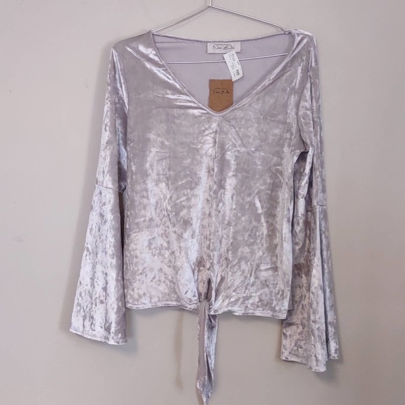 Noa Elle Holly Tie Front Crushed Velvet Top Large Silver Bell Sleeves - Picture 3 of 10